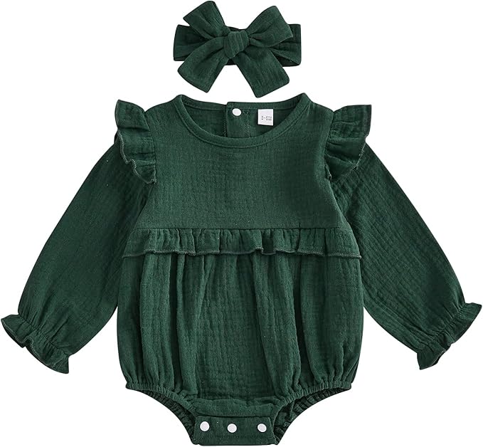 Newborn Infant Baby Girl Clothes Cotton Linen Long Sleeve Smocked Bubble Romper Ruffle Bodysuit Jumpsuit Fall Outfit