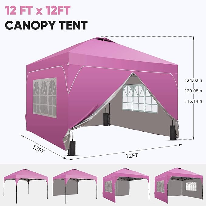 GDY 12x12FT Pop Up Canopy Tent with One Push Setup, Easy to Install with 4-Sidewalls for Events, Parties, Camping, Outdoor Gazebo with 4-Sandbags, Pink.