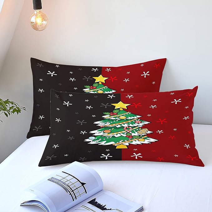 Christmas Duvet Cover Queen Size Black Red Christmas Tree Bedding Set 3 Pcs Kids Boys Girls Xmas Couple Holiday Comforter Cover with Zipper Closure