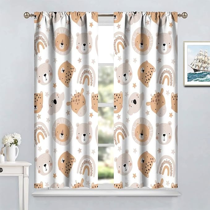 Cartoon Boho Animal Curtains,Funny Forest Safari Print,Cute African Wildlife Koala Giraffe Lion Leopard Bear Rainbow Blackout Window Drapes for Boys Girls Kids Baby Child Bedroom 63x63in