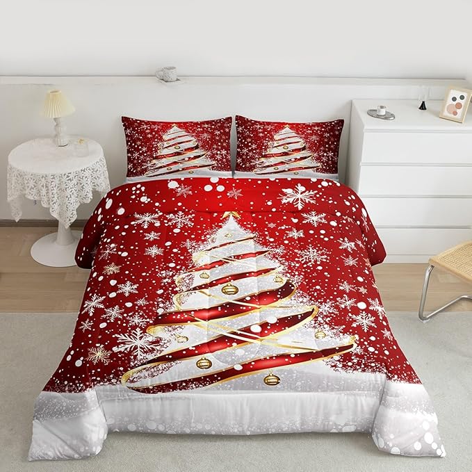 Feelyou Merry Christmas Comforter Set Toddler Size Christmas Tree Bedding Set for Kids Boys Girls Snowflake Duvet Quilt Winter Bedroom Decor Microfiber 2 Pcs with 1 Pillow Cases