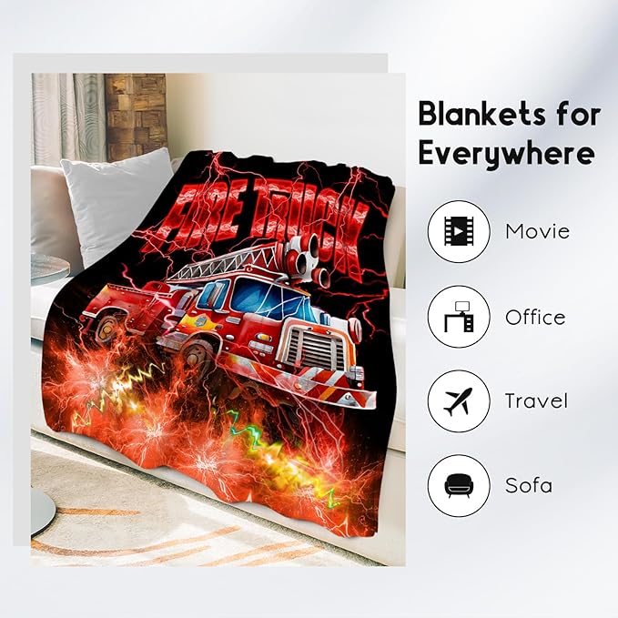Kids Blanket Fire Truck Gifts for Toddler Boys, 30"x40" Fleece Soft Cozy Car Theme Throw for Couch Sofa