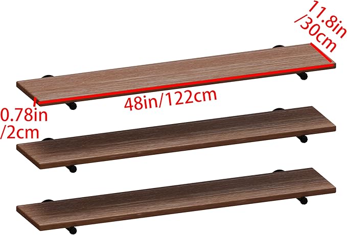 IEO Floating Shelves for Wall Shelf 48 inches Long 11.8" Extra Width Farmhouse Bathroom Decor Bedroom Kitchen Shelves Living Room Wall Mounted Set of 3, Rustic Brown Soild Wood