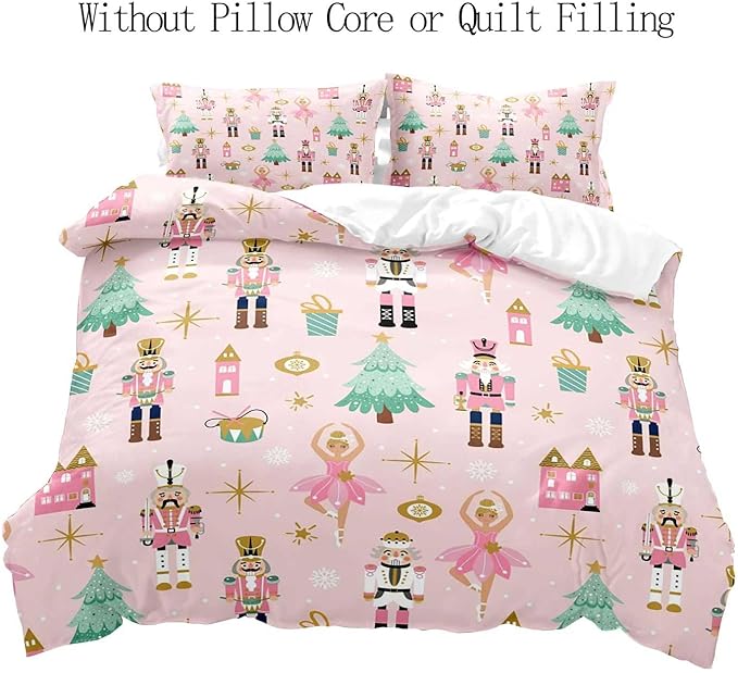 LUVIVIHOME 3PCS Christmas Nutcracker Duvet Cover King Bedding Set, Light Pink Duvet Cover, Teen Girl Bedding, Christmas Tree Snowflake Winter Holiday Xmas Gifts Kids Comforter Cover, 2 Pillow Shams