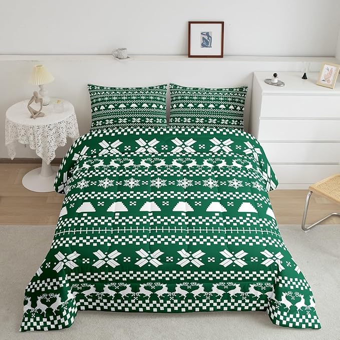 Feelyou Christmas Bedding Set for Kids Boys Girls Queen Size Xmas Deer Elk Decor Comforter Set Ultra Soft Xmas Snowflake Comforter Winter Duvet Quilt Bedroom Decor Christmas Decor Quilt