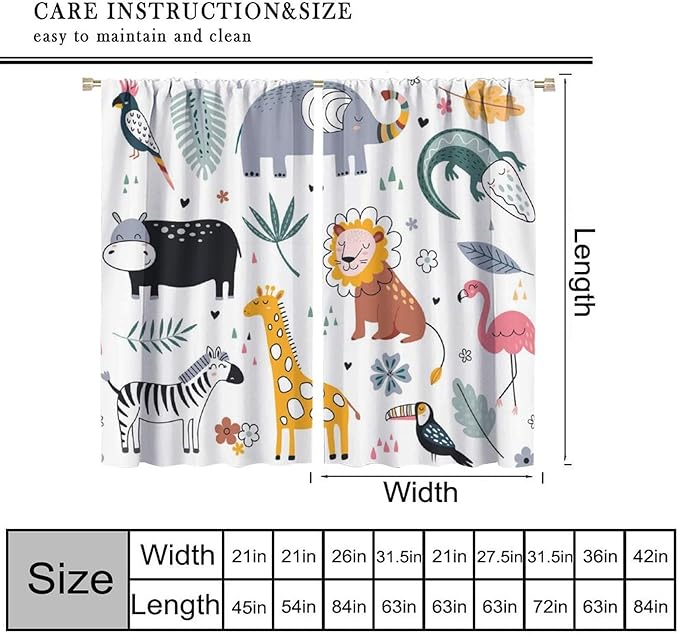 YCness Cartoon Forest Animals Curtains, Woodland Woodland Wild Giraffe Zebra Lion Hippopotamus Window Treatments for Kids Bedroom Living Room Home Nursery Drapes, 63x72 Inch