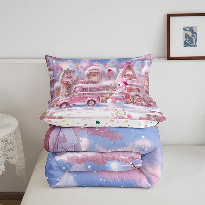 Manfei Christmas Comforter Set Full Size, Pink Truck Flower Snowman Bedding Set for Kids Girls Room Decor, New Year Theme Down Comforter, Lightweight Duvet Insert, 2 Pillowcases