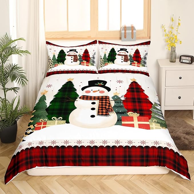 Manfei Snowman Duvet Cover Set Twin Size, Xmas Leopard Plaid Trees Snowflake Comforter Cover with 1 Pillowcase, Christmas Theme Bedding Set 2pcs for Kids Girl New Year Bedspread Cover,No Comforter