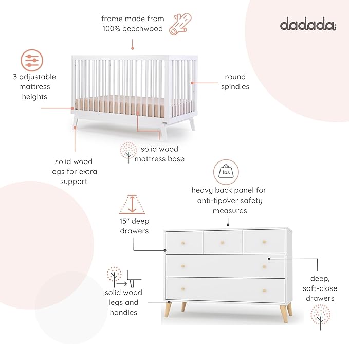 dadada Baby Harmony Nursery Set, Furniture Set. Baby Crib and Dresser Combo. Soho 3 in 1 Convertible Crib and Austin 5 Drawer Nursery Dresser. White Beechwood
