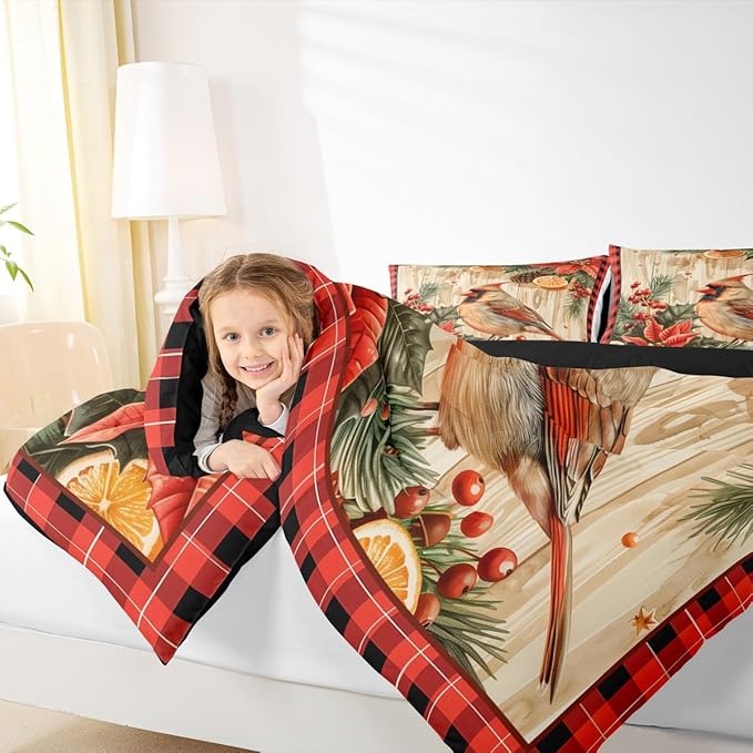 jejeloiu Kids Red Cardinal Comforter Set Queen Size Christmas Red Black Plaid Flower Bedding Set for Boys Girls Teens Xmas Birds Animal Lemon Winter Wood Plank Duvet Quilt Room Decor