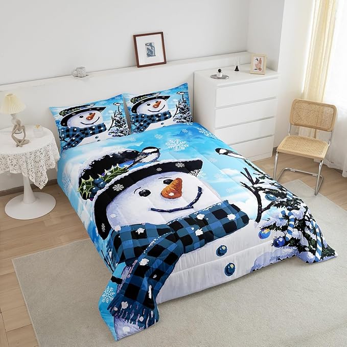 Feelyou Kids Christmas Theme Decorations Bedding Set Xmas Snowman Comforter Set for Boys Girls Snowflake Kawaii Cute Comforter Watercolor Blue Quilt Set Bedroom Collection Toddler Size