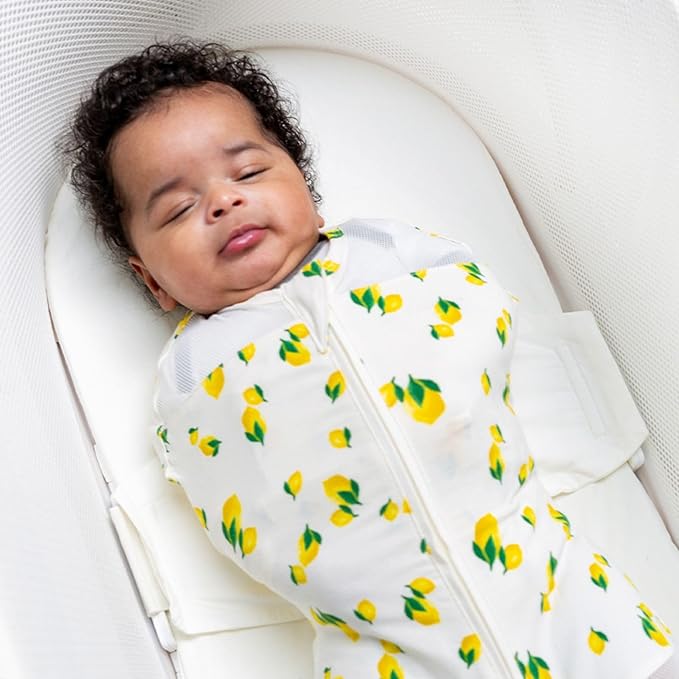 Happiest Baby SNOO Sleep Sack - 100% Organic Cotton Baby Swaddle Blanket - Doctor Designed Promotes Healthy Hip Development (Ivory Lemons, X-Large)
