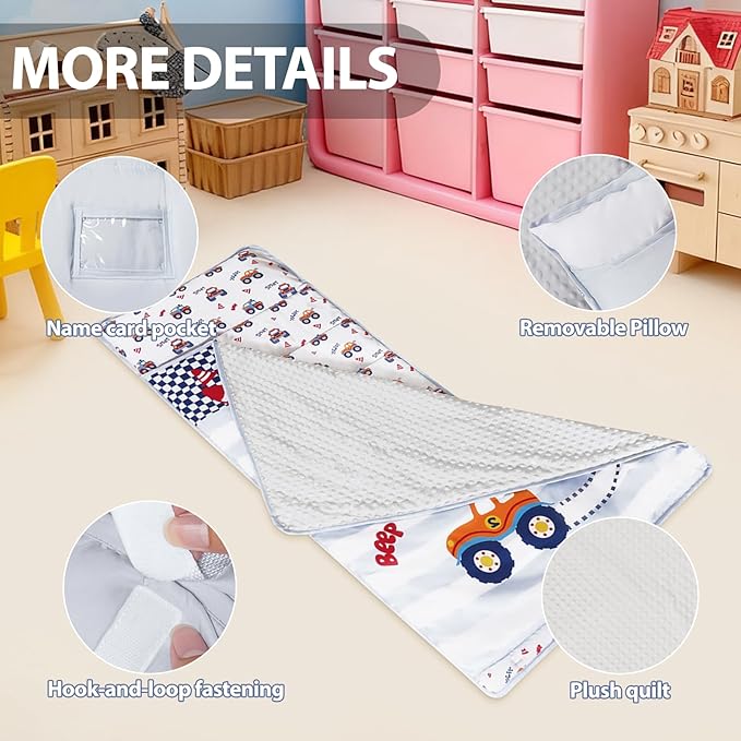 Toddler Nap Mat with Pillow and Minky Blanket 55''x35'' Toddler Sleeping Bag for Daycare, Preschool Travel Camping Mat Nap Mat for Boys and Girls