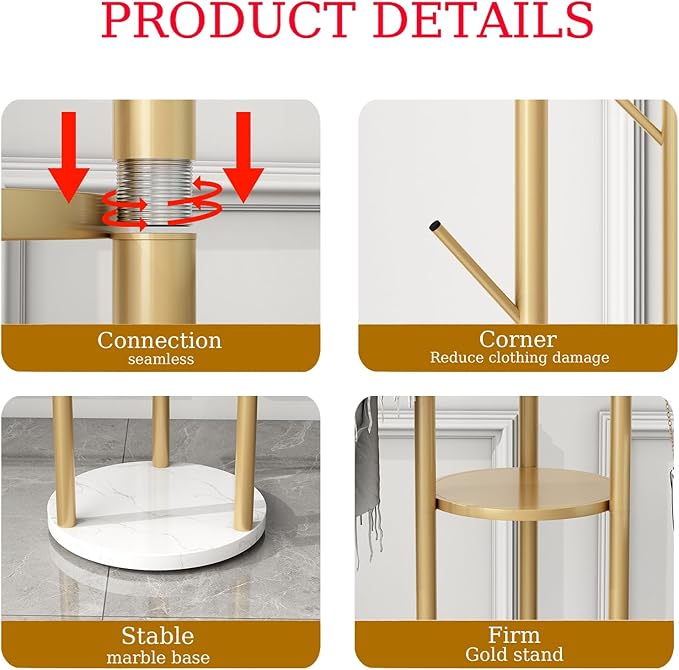Gold Coat Racks Freestanding with 9 Hooks, Metal Coat Stand with Heavy Marble Base, Entryway Coat Tree Hanger, Purses Racks