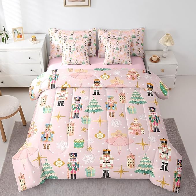 Erosebridal 7Pcs Pink Christmas Comforter Set Queen Size,Christmas Nutcracker Bedding Set,Dreamy Castle Princess Bed in A Bag,Xmas Galaxy Snow Quilt with Flat Fitted Sheet for Kids Boys Girls