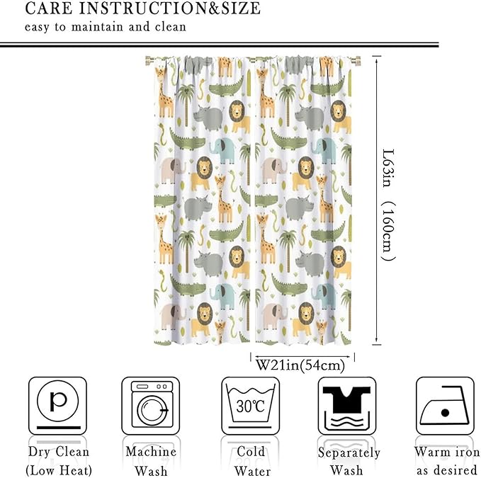 Nursery Safari Animals Window Curtains,Cartoon Woodland Jungle Forest Lion Elephant Giraffe Printed Pattern Blackout Drapes for Living Room Baby Boy Kids Bedroom 42x63in