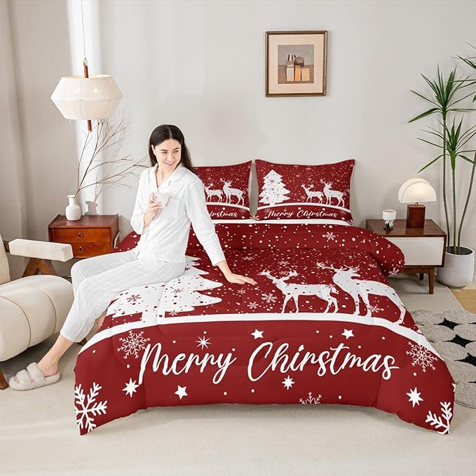 Merry Christmas Kids Comforter Set Full Size,Deer Elk Pine Trees Bedding,Girls Boys Adults Bedroom/Xmas Cabin Decor,Snowflake Romantic Down Comforter,Rustic New Year Red Duvet Insert,2 Pillowcases