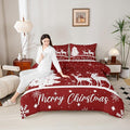 Merry Christmas Kids Comforter Set Queen Size,Deer Elk Pine Trees Bedding,Girls Boys Adults Bedroom/Xmas Cabin Decor,Snowflake Romantic Down Comforter,Rustic New Year Red Duvet Insert,2 Pillowcases