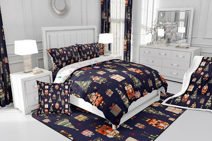jejeloiu Xmas Nutcracker Comforter Set Full Size Christmas Dark Blue Bedding Set for Kids Boys Girls Cute Snowflakes Duvet Quilt Bedroom Decor
