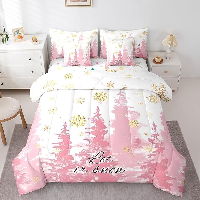 Feelyou Christmas Tree Bed Set for Children Kids Boys Girls Luxury Chic Xmas Theme Bed in a Bag Glitter Snowflake Comforter Set with Sheets Pink Room Decor Bedding Set Queen Size