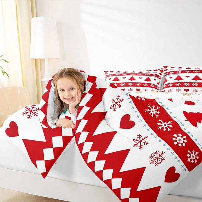 Feelyou Christmas Comforter Set Queen Size Xmas Tree Bedding Set for Kids Boys Girls Snowflake Heart Duvet Quilt Geometric Bedroom Decor Microfiber 3 Pcs with 2 Pillow Cases
