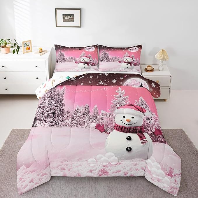 Feelyou Kids Merry Christmas Decorations King Size Comforter Set Xmas Snowman Bedding Set Girly Pink Quilt Set Soft Warm Lightweight Duvet Set