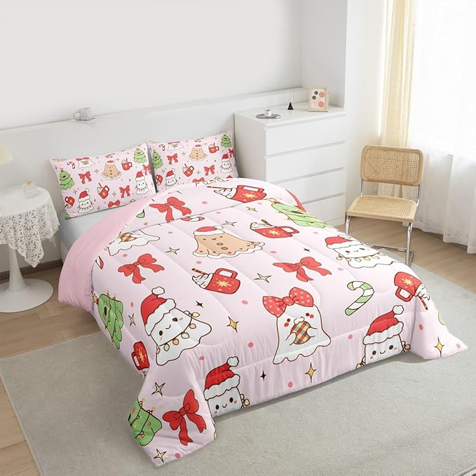 Feelyou Christmas Bedding Set Soft for Boys Girls, Cute Bow Comforter Set Queen Size Cute Ghost Duvet Quilt Microfiber Coquette Bow Knot Bedroom Decor Candy Print 3 Pcs with 2 Pillow Cases