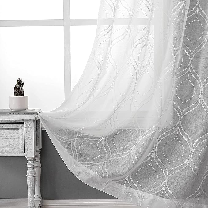 VISIONTEX White Sheer Curtains 120 Inches Long 2 Panels Set Moroccan Embroidered Curtains Trellis Decor French Textured Rod Pocket Voile Tulle Semi Window Drapes for Bedroom Living Room 54 x 120 Inch