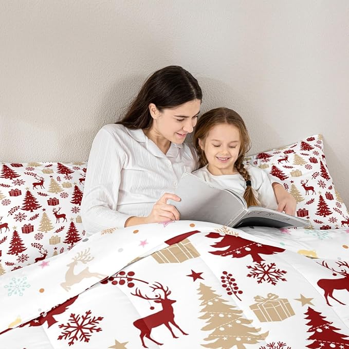 Feelyou Christmas Comforter Set All Season Xmas Tree Bedding Set with 1 Pillow Cases Reindeer Microfiber Kids Twin Bedclothes Snowflake Gift Bedroom Decor Duvet Quilt Breathable Soft Lightweight
