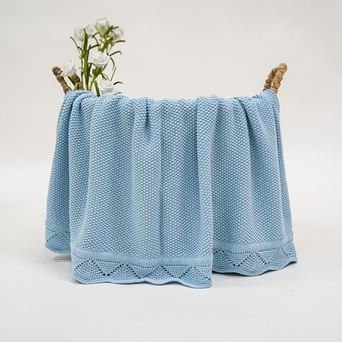 Baby Knit Blanket Soft Breathable Cotton Scallop Border Blankets Newborn Knitted Blanket Swaddle Blankets Gifts for Baby Newborn Toddler Shower Boy Girl New Mom Birthday Christmas Blue 30x30