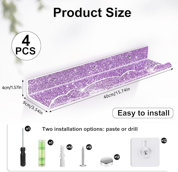 Rainbow Glitter Acrylic Floating Shelves, 15.7" Wall Mounted Nursery Bookshelves, Display Ledge for Books Toy Cosmetic Storage, Bathroom Bedroom Living Room Wall Organizer, 4 Pack, Pink Purple