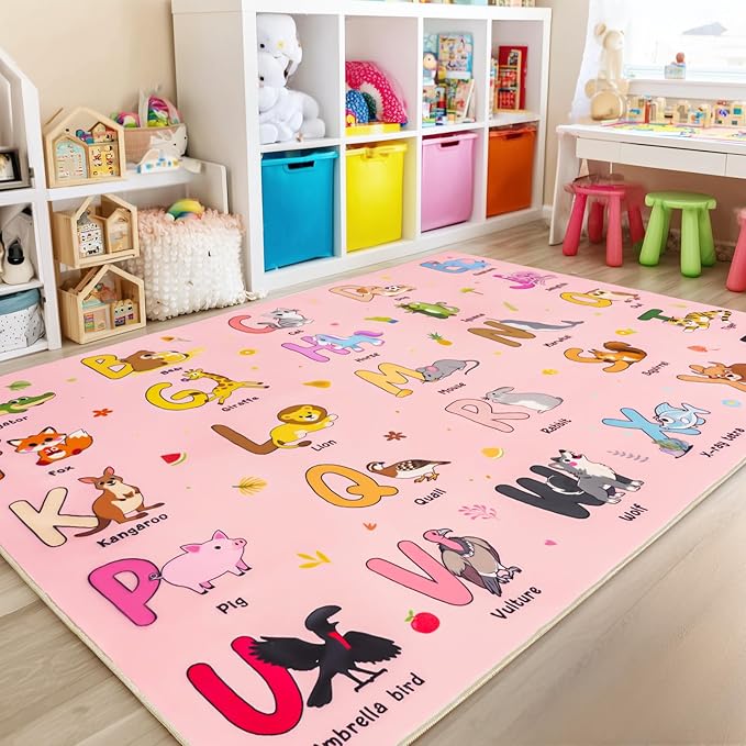 Kids Rugs for Playroom, 8x10 Ft Educational Rug for Learn The ABC Alphabet, Soft Machine Washable Non-Slip Cute Cartoon Animals Carpet for Classroom Toddler Nursery Kids Room Decor, Pink