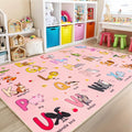 Kids Rugs for Playroom, 8x10 Ft Educational Rug for Learn The ABC Alphabet, Soft Machine Washable Non-Slip Cute Cartoon Animals Carpet for Classroom Toddler Nursery Kids Room Decor, Pink