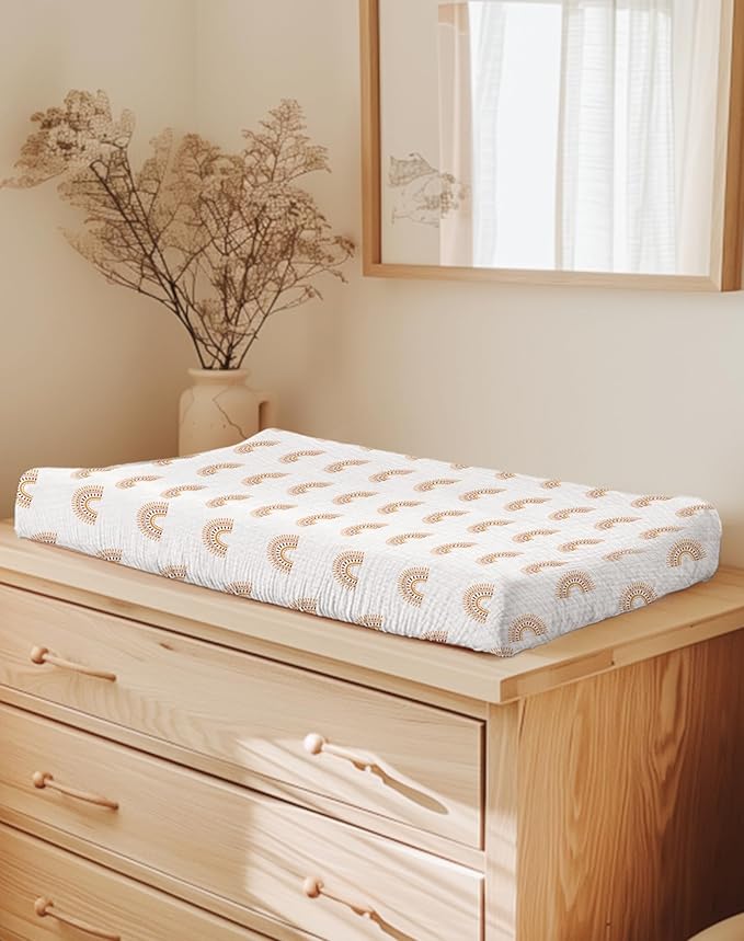 Changing Pad Cover for Baby Boy Girl 2 Pack, Muslin Changing Table Pad Covers with Boho Style, Neutral Nursery Bedding Essentials Soft and Breathable(Beige & Rainbow)