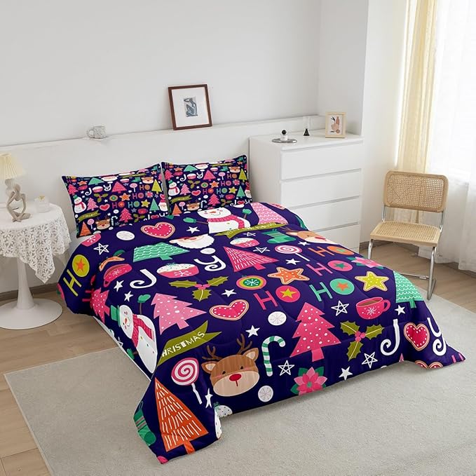 Merry Christmas Kids Comforter Set King Size,Cartoon Santa Claus Snowman Bedding Set,Boys Girls Adults Room Decor,Pines Deer Cute Xmas Down Comforter,Colorful Romantic Duvet Insert,2 Pillowcases