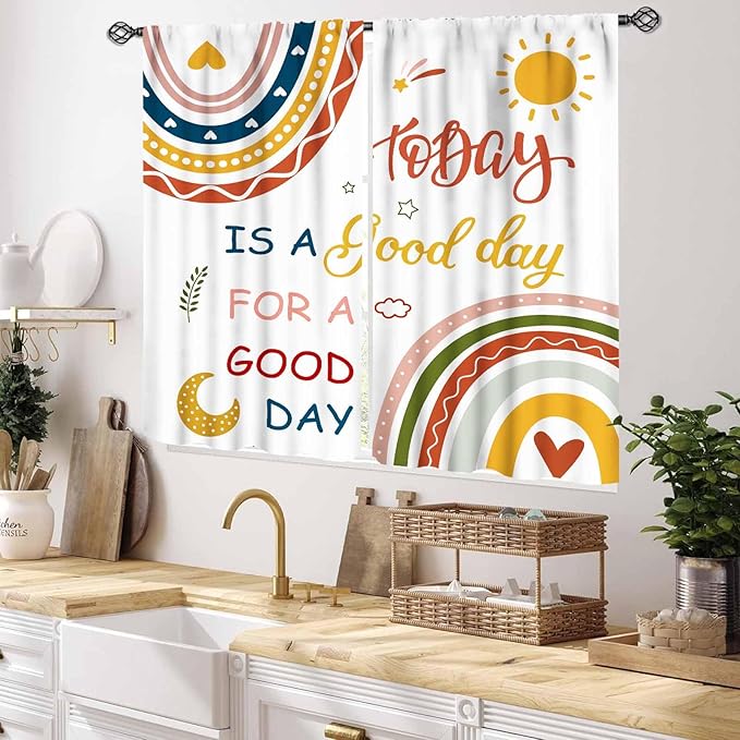 Rainbow Curtains for Classroom, Kids Girls Baby Boho Cute Inspirational Motivational Quotes Cartoon Colorful Pastel Nursery Classroom Bedroom Living Room Bathroom Window Drapes 2 Panels, 55x39 Inch
