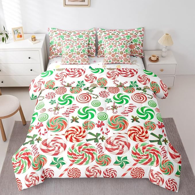 Christmas Candy Comforter Set With Sheets 7 Piece Queen Size Cute Bow Bed in a Bag Kids Boys Girls Red and Green Sweet Bedding Set Reversible Xmas Decor Bedroom Decor Breathable Soft Lightweight