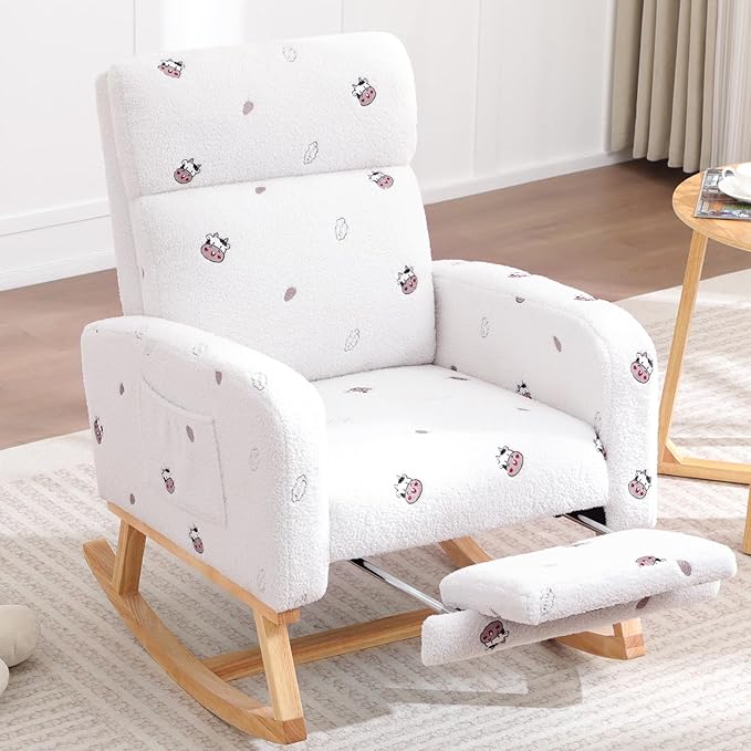 Rocking Chair Nursery with Foot Rest, Nursing Rocking Chairs for Mom Breastfeeding, Teddy Rocker Glider Chair with High Backrest for Living Room, Bedroom, Cow Printed White