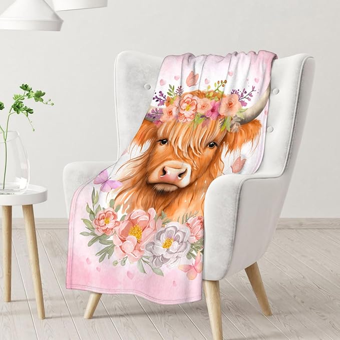 Highland Cow Gifts for Kids - 30" x 40" Inches Cute Highland Cow Throw Blanket for Girls Boys - Pink Warm Cozy Blankets for Sofa, Lap & Office