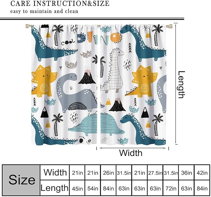 Dinosaur Curtains, Cartoon Dino Cute Safari Animal Print Pattern Blackout Window Treatments, Rod Pocket Thermal Insulated Drapes 2 Panel Sets for Kids Boys Bedroom Nursery Classroom, 84" W X 84" L