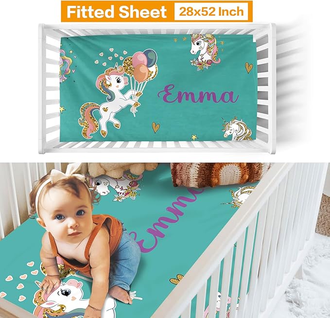 Custom Crib Bedding Set - Magical Horse Design Personalized Name Baby Nursery Bedding 3 Pcs Set - Chic Soft Blanket, Sheet, Pillowcase for Newborns Boys Girls Gifts Color18