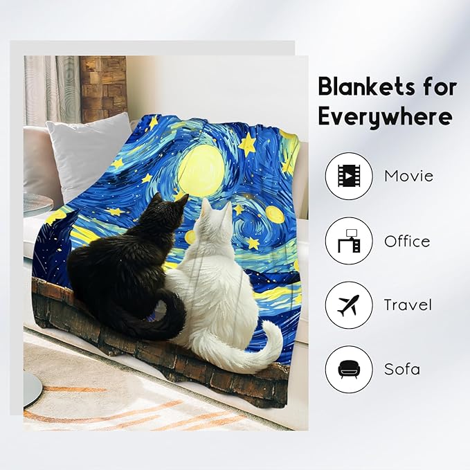 Cat Blanket for Women/Men - Kids Throw with Cat - Lightweight Flannel Soft Throws Gifts for Bed Sofa - 60"x80"