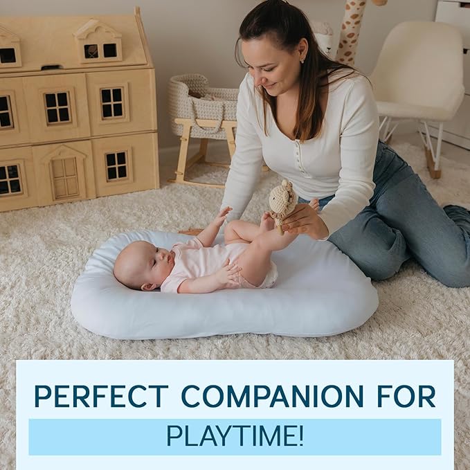 Aila + Aiden Baby Lounger | Organic Cotton Infant Lounger | Adjustable & Portable Floor Lounger | Supervised Use | Soft, Breathable, Washable Cover - Snuggle Collection - (Blue)