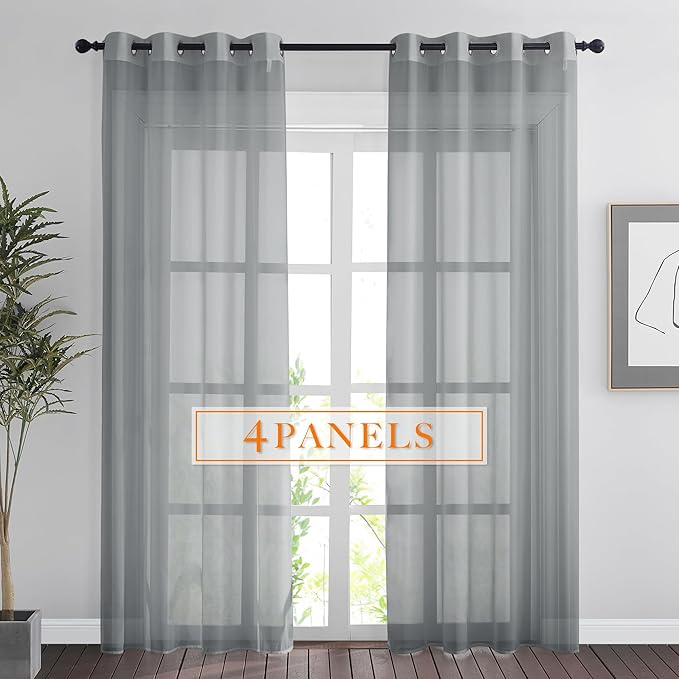RYB HOME Light Filtering Curtains 84 Inches Long, Grommet Voile Airy Lightweight Solid Drapes, Sheer Window Treatments Curtains for Living Room Kitchen Bedroom, Gray, 54" W x 84" L, 4 Pieces