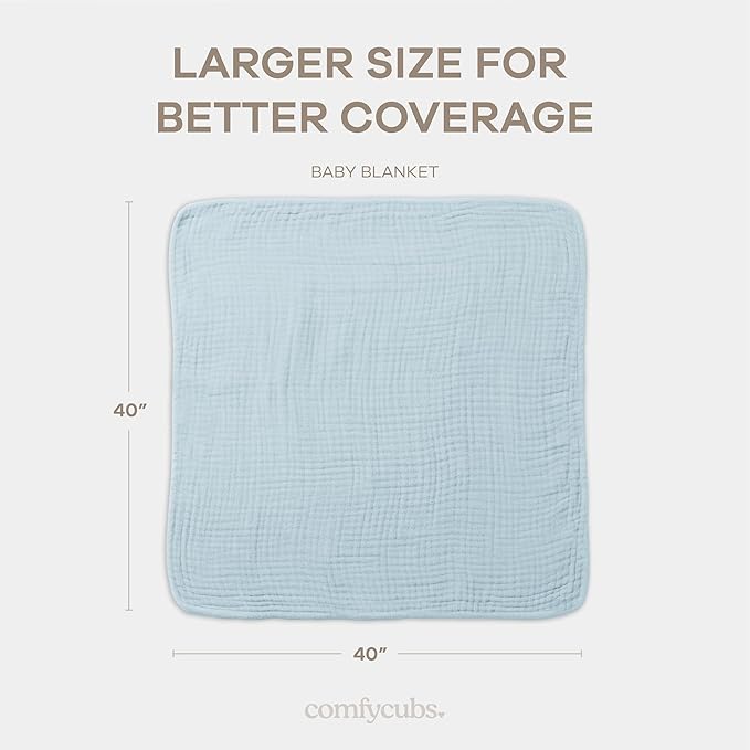 Comfy Cubs Muslin Baby Blanket - Soft, Lightweight, 6-Layer Cotton Swaddle Blankets for Newborns, Infants & Toddlers - 40" x 40" Large, Breathable & Versatile for Sleeping & Tummy Time - Sky Blue