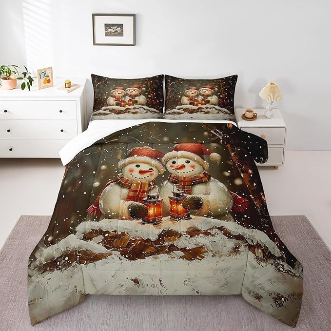 Manfei Kawaii Snowman Kids Comforter Set Queen Size,Dead Tree Winter Snow Romantic Bedding Set,Boys Girls Room Decor,Merry Christmas Down Comforter,Black White Duvet Insert,2 Pillowcases