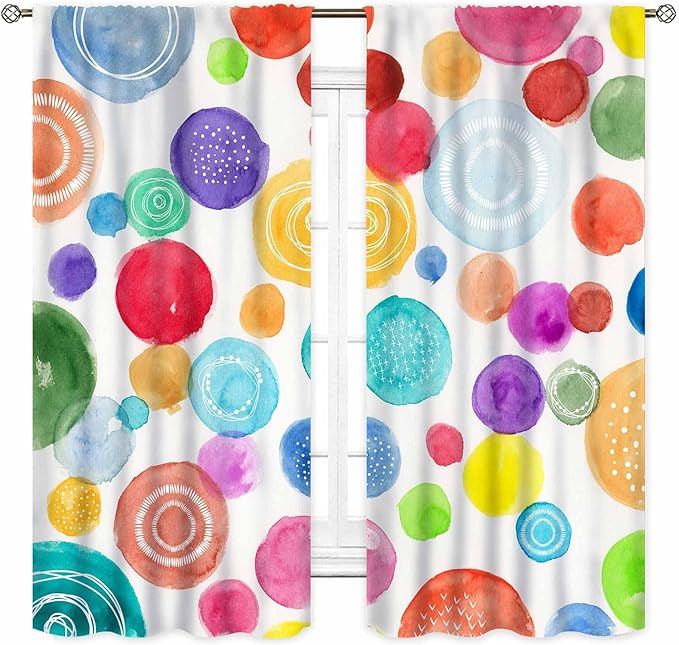 Colorful Curtains for Girls Bedroom, Watercolor Rainbow Cartoon Abstract Circle Polka Dots Splashes Cute Window Drapery for Kids Boys Girls Classroom Living Room Nursery 2 Panels, 84"x63" Inch