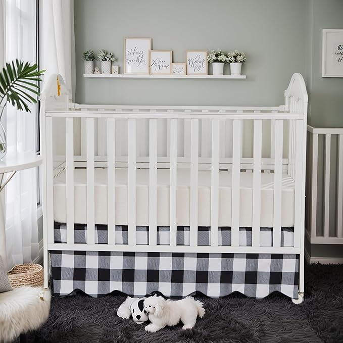 Brandream Scallop Edge Crib Skirt, Baby Boy Girl Gender Neutral Crib Skirt Toddler Bedskirt Farmhouse Chic Nursery Crib Bed Skirt, Boho Bohemian Solid Black White Plaid Buffalo Check bedskirt