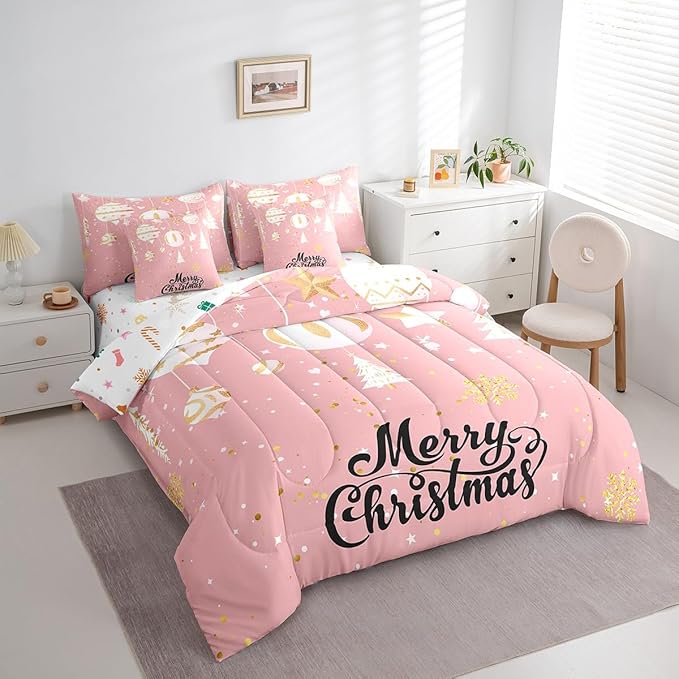 Feelyou Christmas Tree Bed Set for Children Kids Boys Girls Pink Xmas Theme Bed in a Bag Glitter Snowflake Star Comforter Set with Sheets Room Decor Bedding Set Queen Size