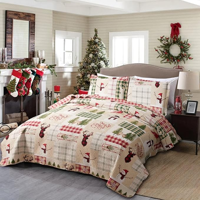 Christmas Quilt Set Queen Size Christmas Bedding Reversible Quilt Rustic Lodge Moose Buffalo Plaid Patchwork Bedding Holiday Xmas Home Decor Lightweight Quilt Bedspread Coverlet